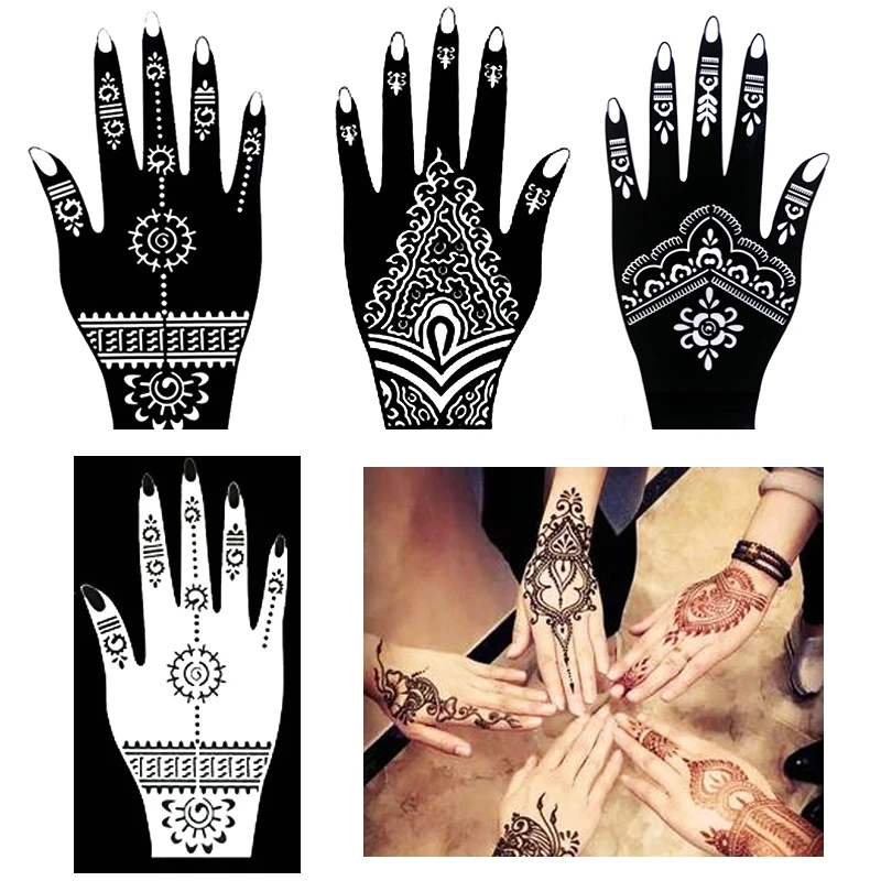 3 teile/los Hände Füße Henna Tattoo Schablonen Set für Körperfarbe, Glitzer Airbrush Blume Mehndi Tattoo Schablone Vorlagen 20*10,5 cm