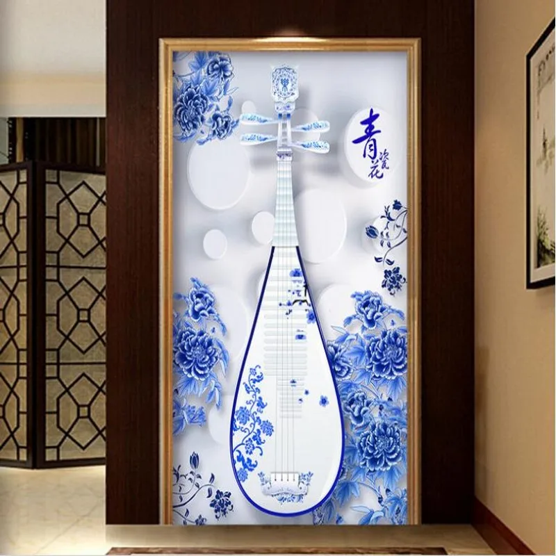 

wellyu Customized large-scale murals blue and white porcelain Peony Pipa 3D entrance aisle TV backdrop non-woven wallpaper