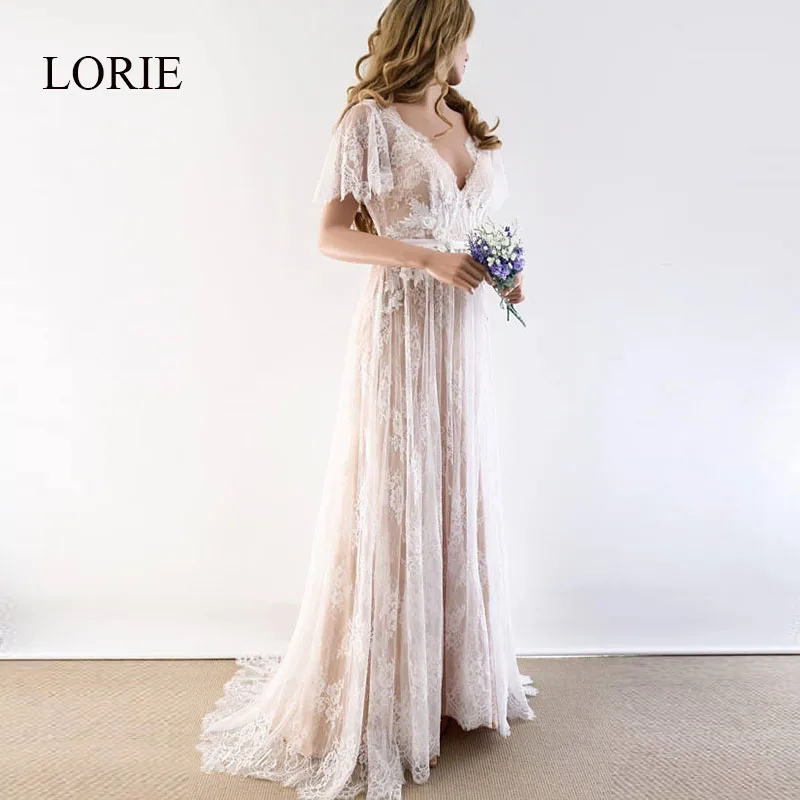 LORIE Boho Wedding Dress 2024 V Neck Cap Sleeve Lace Beach Wedding Gown Cheap Backless Customized A-Line Bride Dresses Elegant