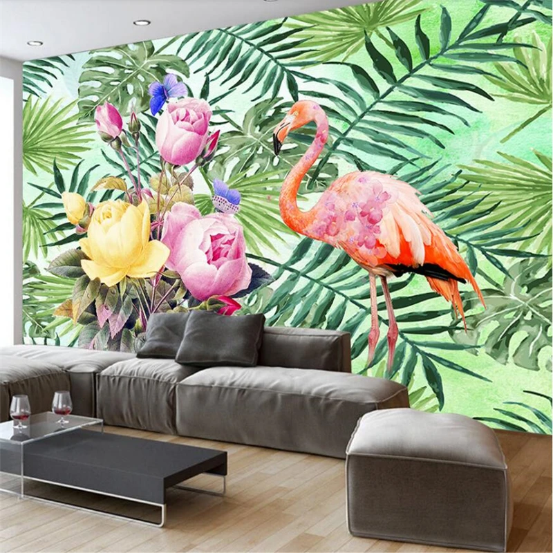 

wellyu Nordic small fresh watercolor green leaf flower flamingo background custom large mural green wallpaper papel de parede