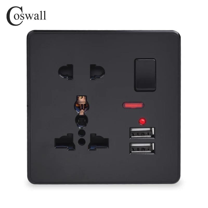 Coswall Wall Power Socket 13A Universal 5 Hole Switched Outlet With Neon 2.1A Dual USB Charger Port LED indicator Black Color