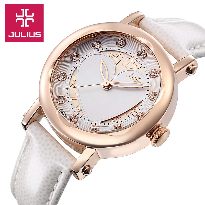 Julius Lady Women\'s Watch Japan Quartz Hours Fine Fashion Clock Bracelet Real Leather Hollow Heart Girl Birthday Gift No Box