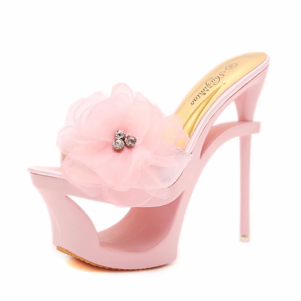 Strange Heels Platforms 2019 New Women Shoes Sandals and Slippers Blue Satin Chiffon Floral Diamond Waterproof Profiled Shoes