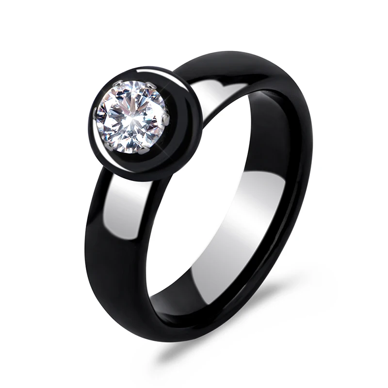 2017 New Brand Design Elegant Luxury Big Crystal Ring Jewelry Silver Plated Black White Ceramic Ring Wedding Bride Accessories