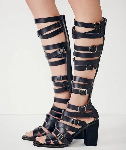 

2017 Summer new LTTL black leather cut-outs knee high boots buckles open toe thick high heels gladiator sandals summer boots