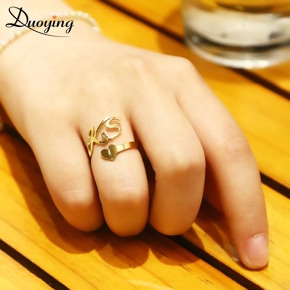 DUOYING Custom Spiral Ring Personalized Name Ring With Heart Custom Nameplate Ring Couple Lover Graduation Keepsake Gift Gold