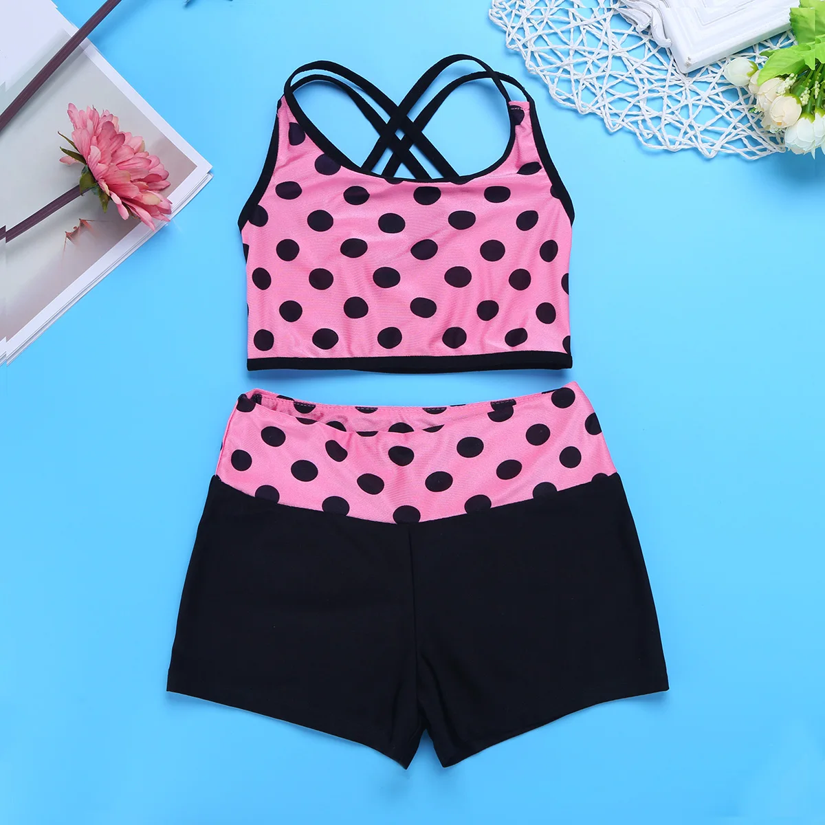 Tankini Anak-anak Tank Top Musim Panas dengan Bawahan Baju Renang Pink Polka Dot Bikini Atasan Celana Pendek 2 Potong Pakaian Renang Pakaian Pantai untuk Anak Perempuan