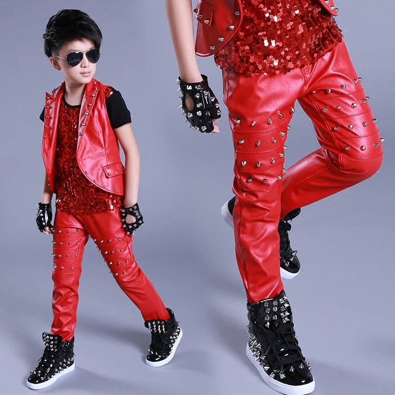 Jazz Dance Costumes Studded Leather Pants Street Dancing Modern Boys Clothes Kid Hip Hop Clothing Stage Show Dancewear DNV11055