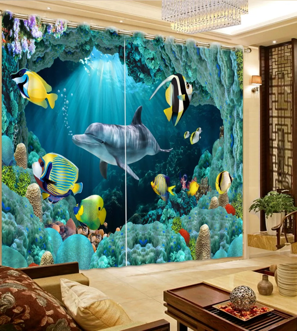 

3D Photo Printing Blackout Curtains For Living room Bedding room Hotel Drapes Cortinas dolphin