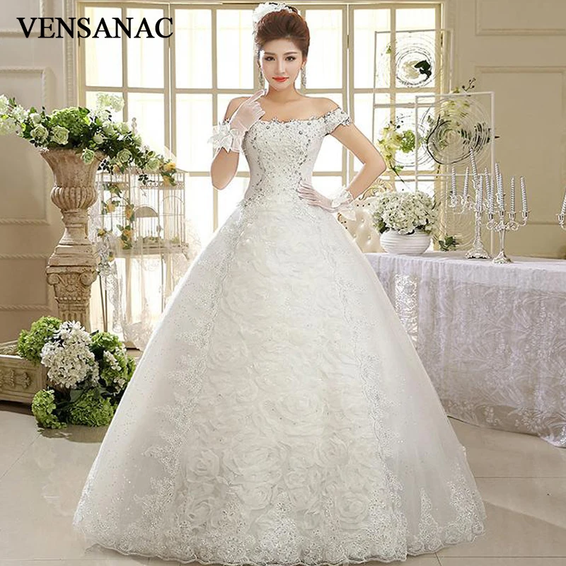 

VENSANAC 2018 Crystal Boat Neck Flowers Appliques Ball Gown Lace Wedding Dresses Sequined Short Sleeve Bridal Dress