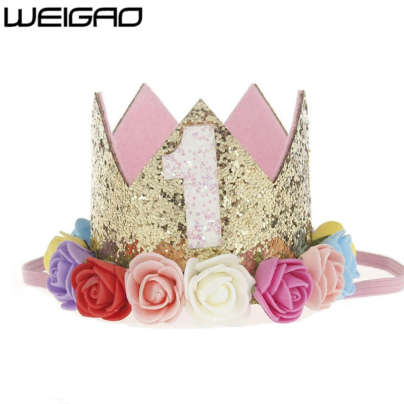 WEIGAO, 1 Uds., 1, 2, 3 gorras de cumpleaños, corona de flores, sombrero de 1er cumpleaños, diadema de cumpleaños para bebé recién nacido,