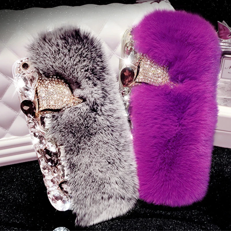 Rabbit Fur Case For iPhone 11 12 13 Pro 14 Max Case Luxury Bling Diamond Fox Head Cover For iPhone 6s 7 8 Plus X XR XS Max Case