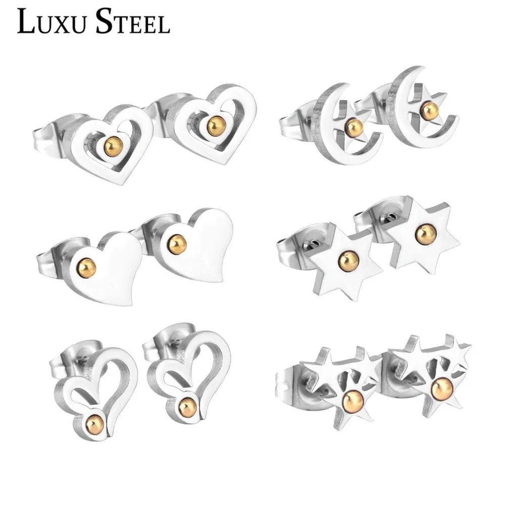 LUXUSTEEL Star/Moon/Shape Silver Color Stud Earrings For Women Stainless Steel Semicircle Ball 6pairs/Boxes Earring Sets