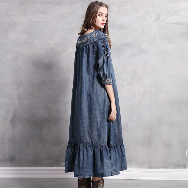 Váy Nữ 2019 Yuzi. có thể Boho New Denim Phụ Nữ Dresses O-Cổ Nửa Tay Áo A-Line Thêu Cổ Điển Vestidos Lỏng A82126