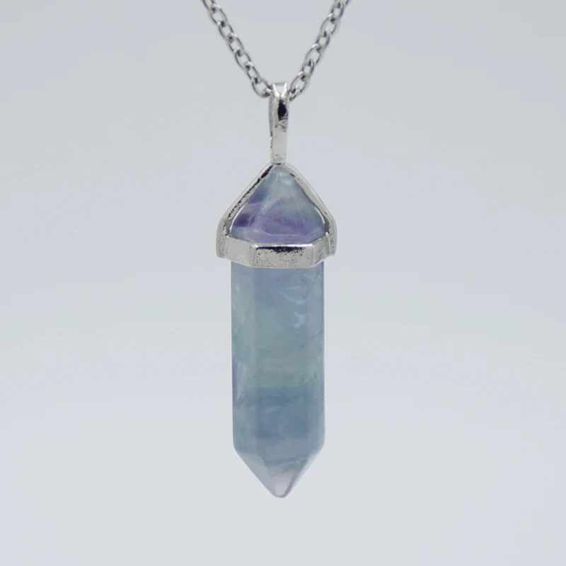 Natural Gem Stone Quartz Bullet Hexagonal Point Fluorite Necklace Pendant Pendulum Column Reiki Healing Charm Chakra Jewelry