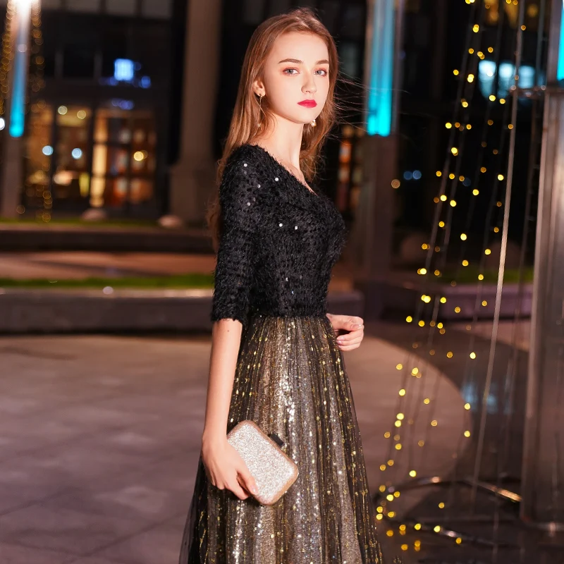 Customized Black A-line Long Evening Dress V-neck Half Sleeves Ankle Length Lace Evening Dress Formal Party Dress Prom Dress