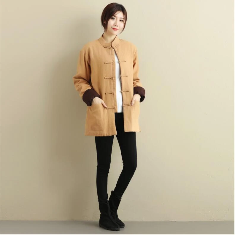 Unisex Chinese folk style short Linen Wear Outer layer cotton linen overcoat outwear casual Jacket Cashmere double breasted coat