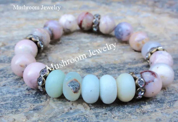 

Pave Crystal Roundel Amazonite Pink Opal Beads Stretch Bracelet