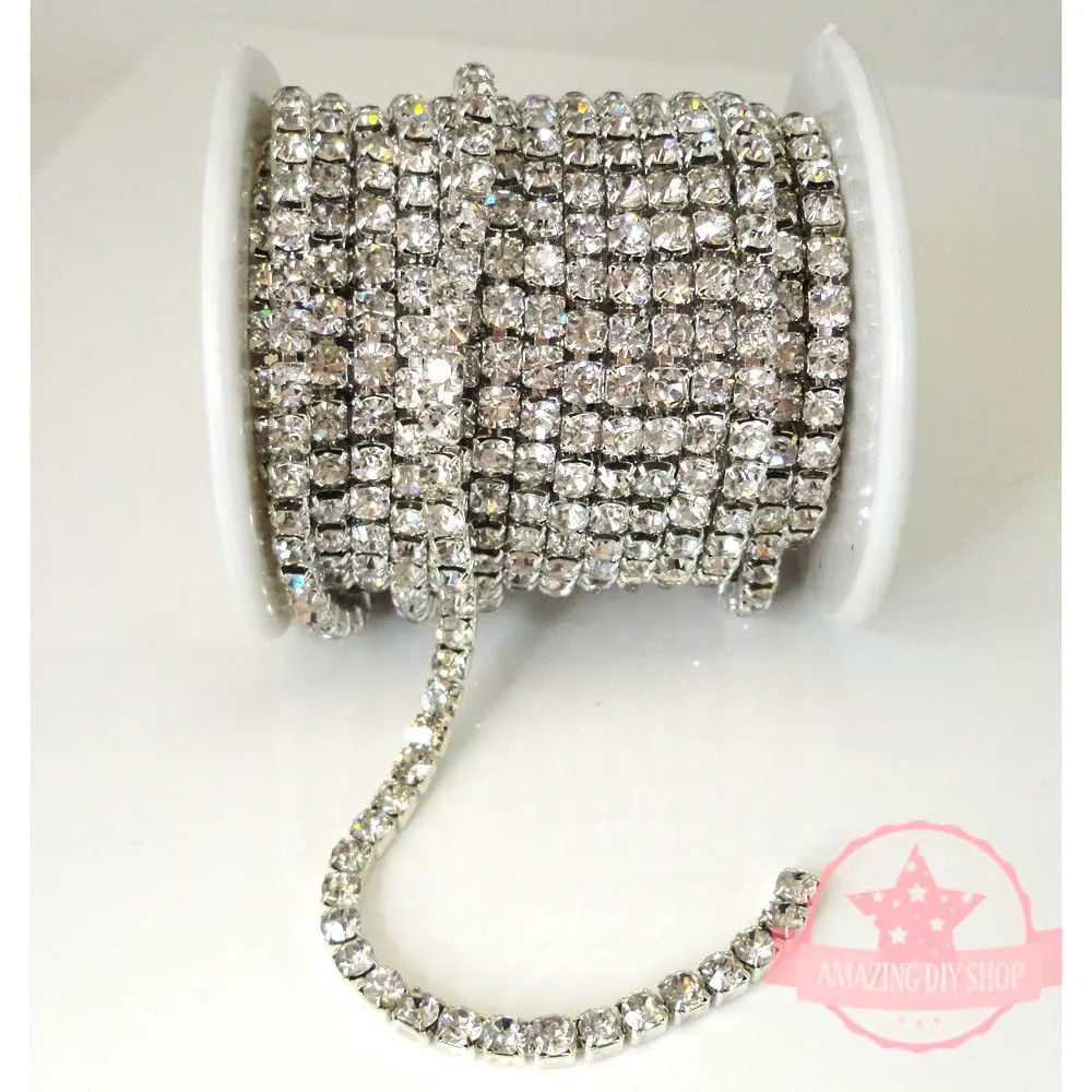 1 meter Glass Rhinestone Chain Trimmings Silver Colour Setting foiled 3mm Crystal / AB