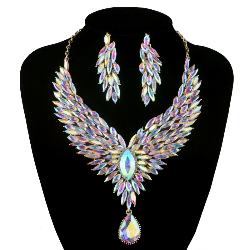 Bridal Wedding Jewelry Aurora Color Rhinestone Crystal AB For Women\'s Party Necklace Earrings Set Peacock Wig Dropwater
