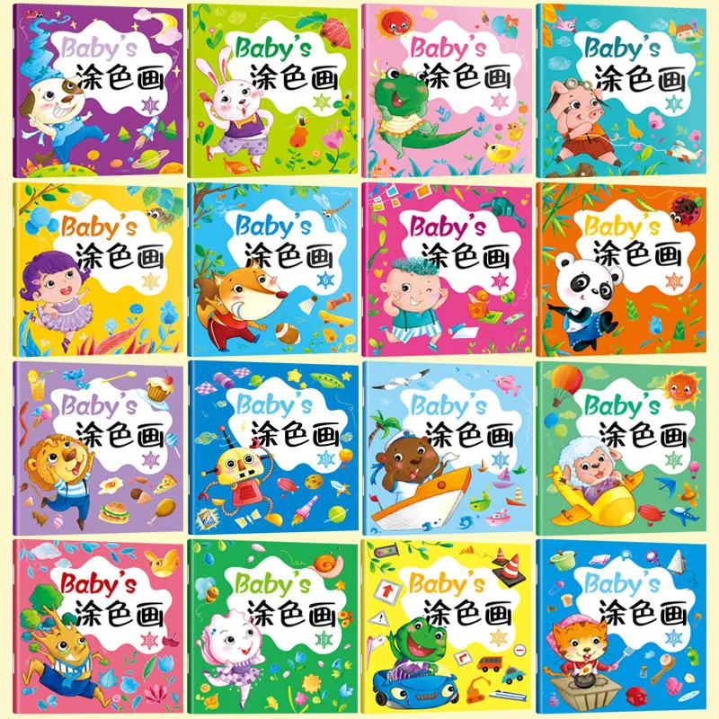 Newest 16 pcs/set baby's coloring books for kids Child stick figure Cute animals / fruits / plants Drawing Book