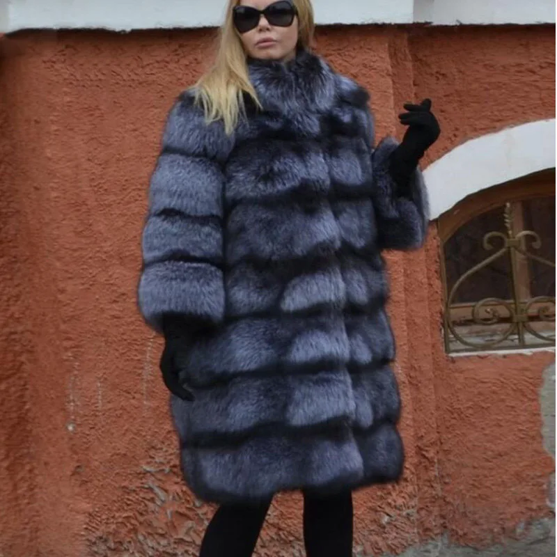 BFFUR Top Grade Real Silver Fox Fur Coat  Winter Fur Luxury Lady Jacket Women Snowsuit Outerwear Whole Skin Fashion Fur