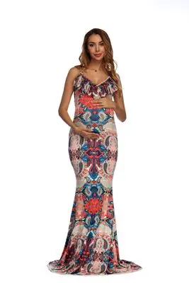 Vestido longo estampado flores, adereços para fotografia de maternidade vestido longo estampado com decote em v para grávidas, sessão de fotos, retrato de culotes, top e saia