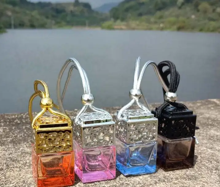 Colorful Cube Car Perfume Bottle Hanging Air Freshener For Essential Oils Diffuser Fragrance Empty Glass Bottle Pendant SN1624