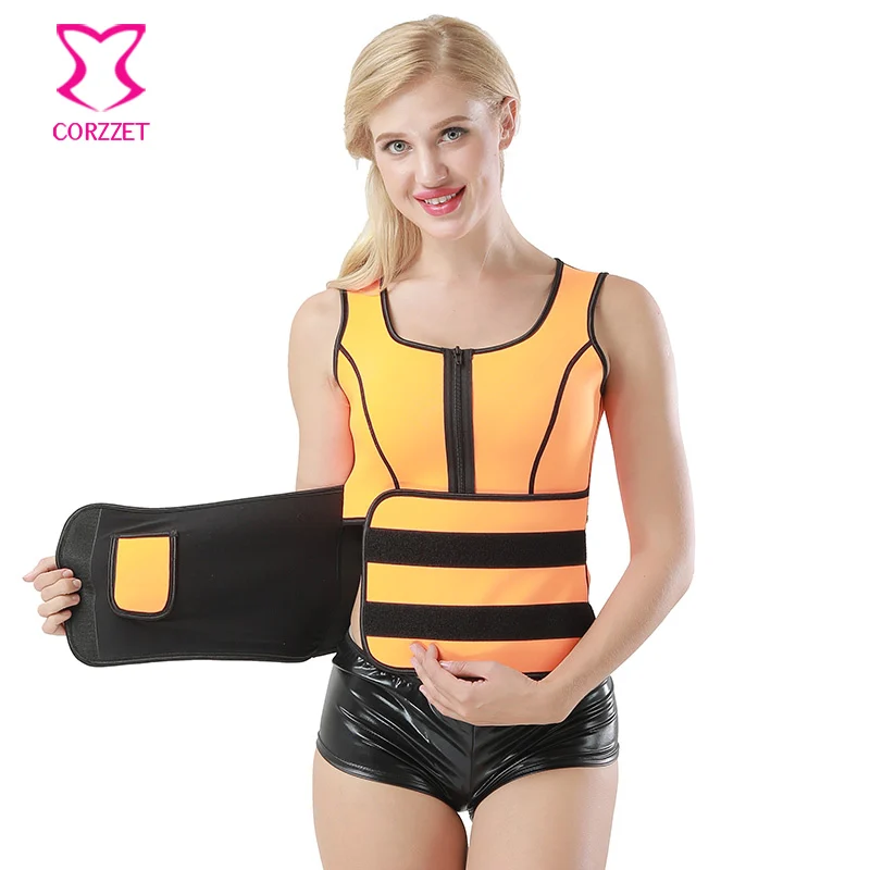 

Orange Rubber Zipper Waist Trainer Latex Body Shapers Women Plus Size Shapewear Neoprene Slimming Corset Vest Cinta Modeladora