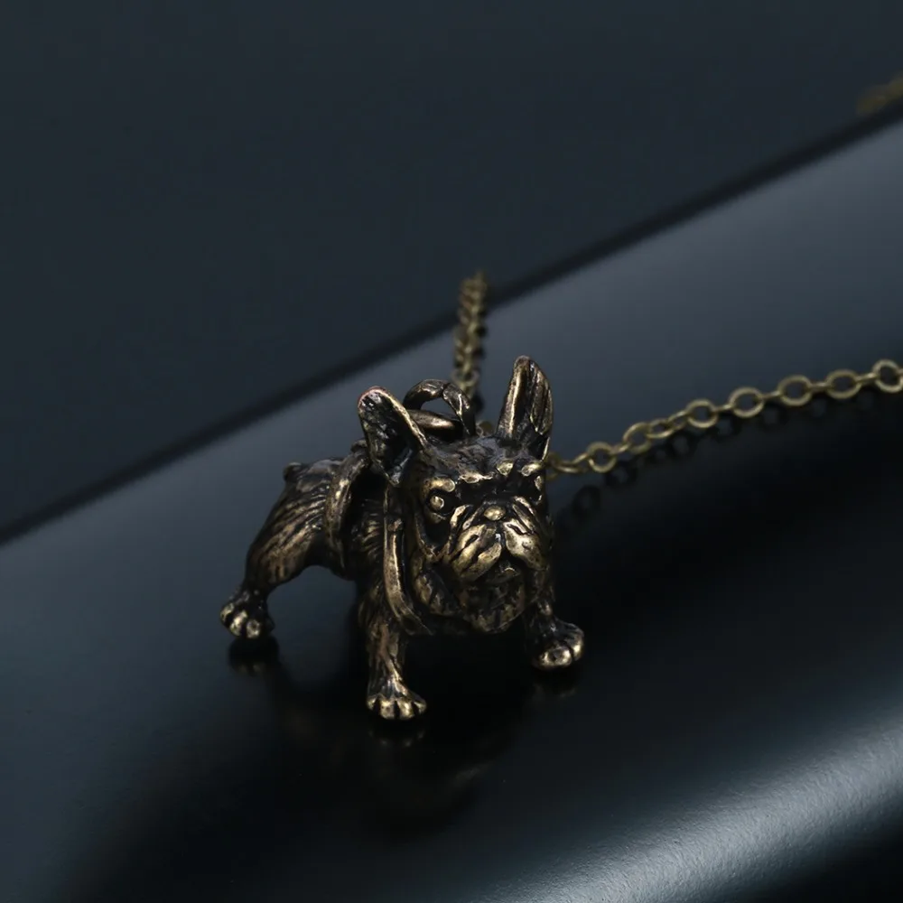 French Bulldog 3D Animal Pendant Necklace Chunky Long Chain Antique Bronze  Plated Sweater Torque For Women Men Jewelry