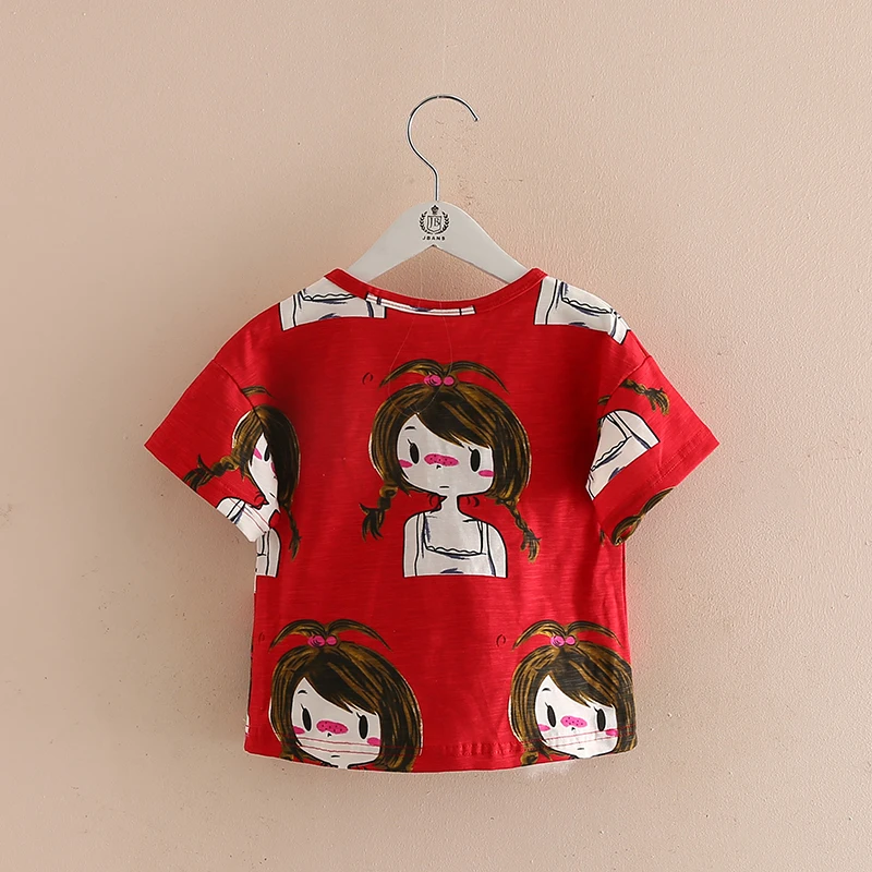 2024 Summer European American Style 2 3 4 6 8 10 Years Kids Red Cartoon Girls Print Cotton O-Neck Short Sleeve Baby T-Shirt Girl