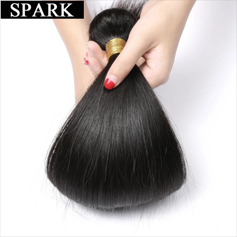 Spark Human Hair Straight Brazilian Human Hair Weave Bundles With Closure 100% Human Hair Extensions Natural Black Color Remy