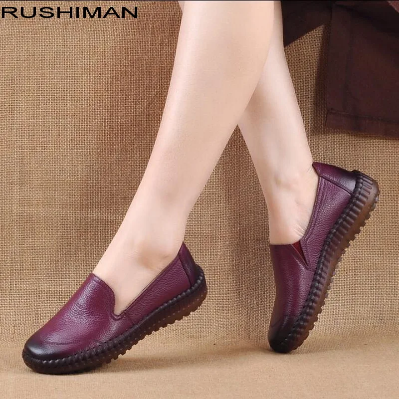 

RUSHIMAN Women Shoes Genuine Leather Ballet Flats soft TPR sole Breathable Flats elegant loafers shoes women 2022