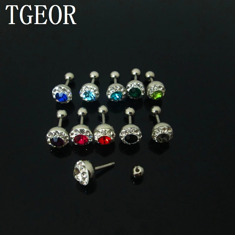 1 pair 1.2*6*4/7mm surgical Stainless Steel rim multi colors crystals earring mixed colors barbell tragus piercing