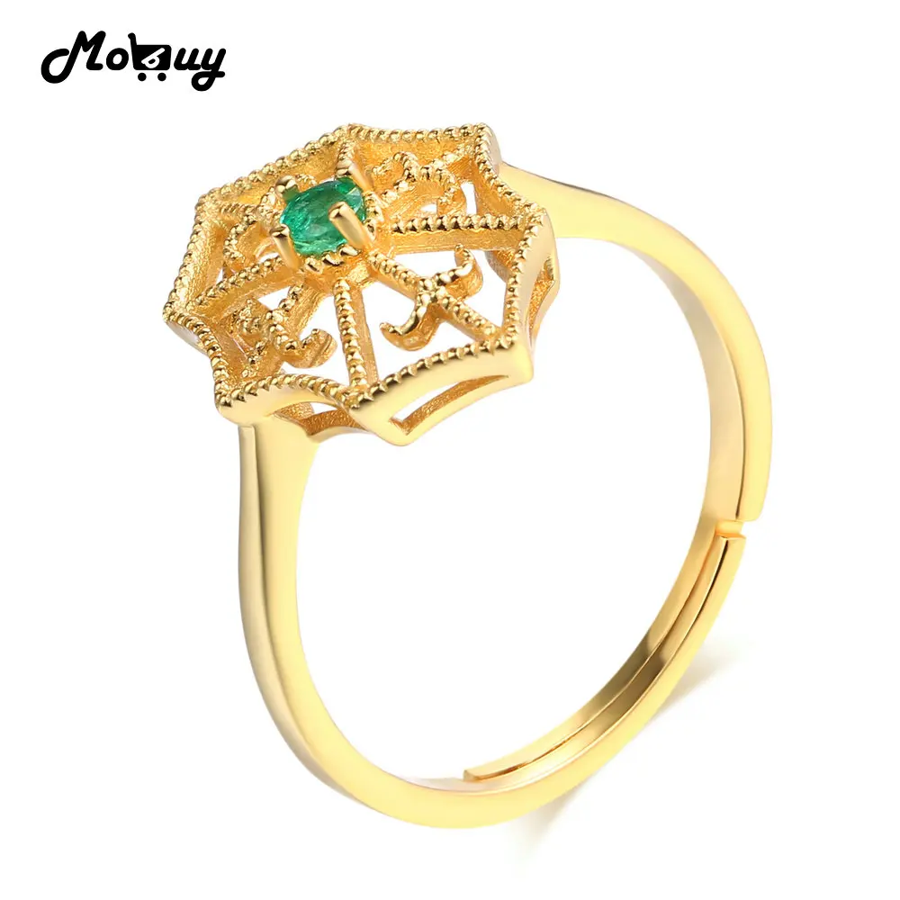 MoBuy MBRI050 Spider Net Natural Gemstone Emerald Adjustable Ring 925 Sterling Silver 14K Gold Plated Fine Jewelry For Women