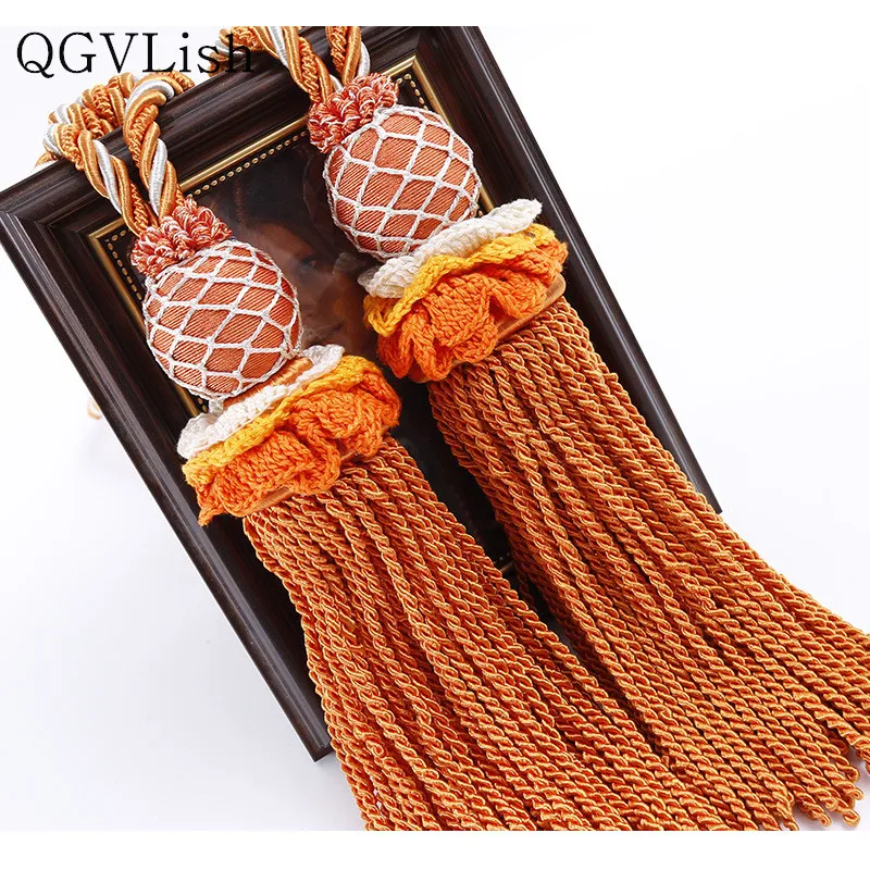 QGVLish 2Pcs Curtain Tiebacks Tassel Fringe Curtain Hanging Belts Ropes Hook Holder Brush Buckle Straps Curtain Accessories