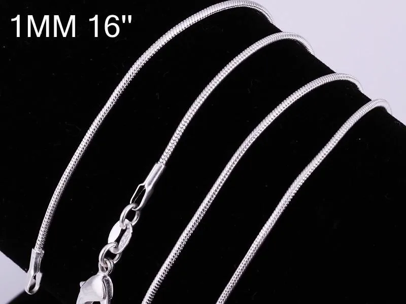 50pcsN925 Printed Silver color Snake Necklace 1mm 16/18/20/22/24 inch Silver color snake chain necklace