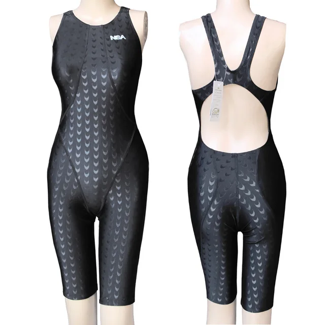 NSA One Piece Black Sharkskin chlorine resistant  waterproof high waist Women's Competition Swimsuit Knee Swimsuit girls