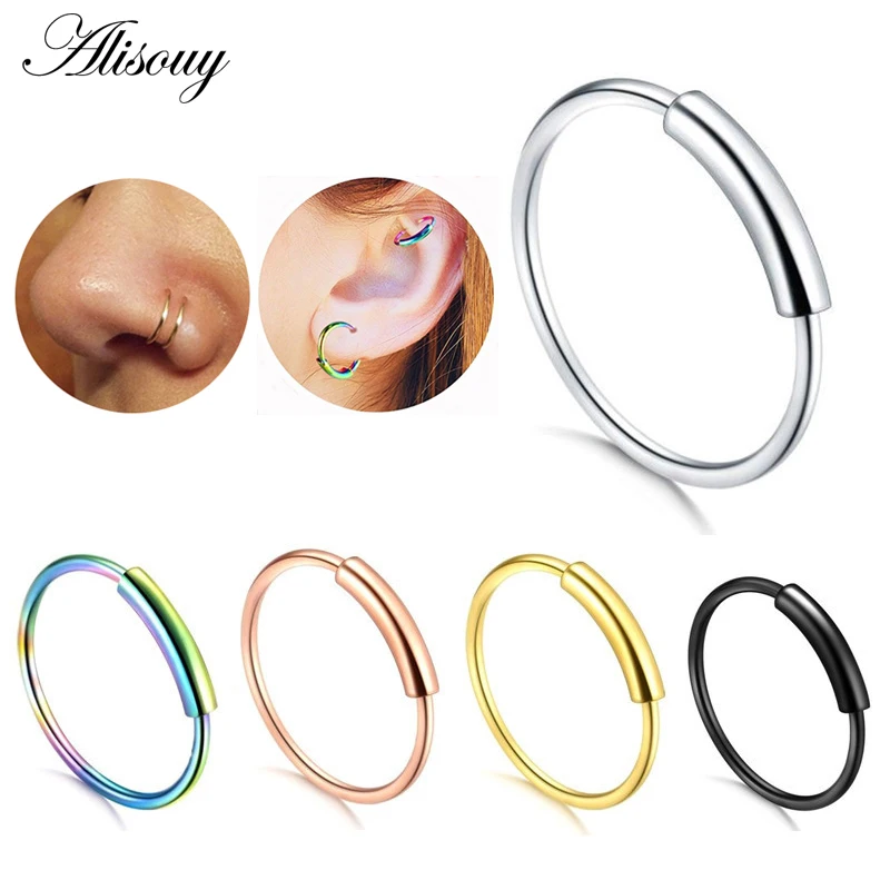 Alisouy 1pc 22G Steel Hinged Clicker Seamless Piercing Nose Ring Hoop Lip Ear Ring 6/8/10/12mm Body Jewelry Piercing Clip Gift