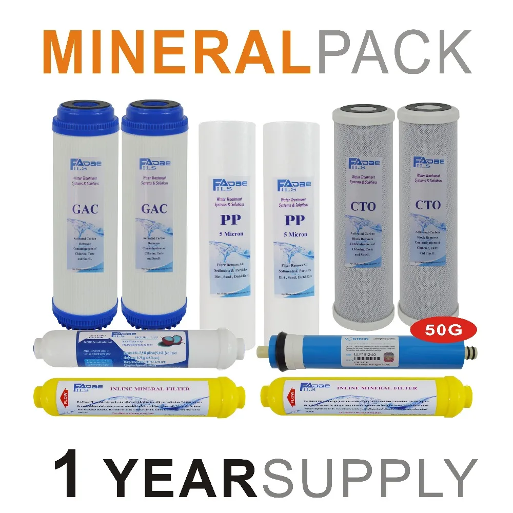 Mineralization Reverse Osmosis System Replacement Filter Sets -10 Filters with 50 GPD RO Membrane Element - 1 Year Supply