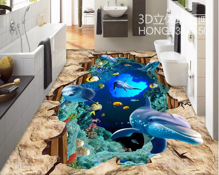 

3d flooring Underwater World Dolphin 3D Floor 3d bathroom wallpaper waterproof pvc floor wallpaper