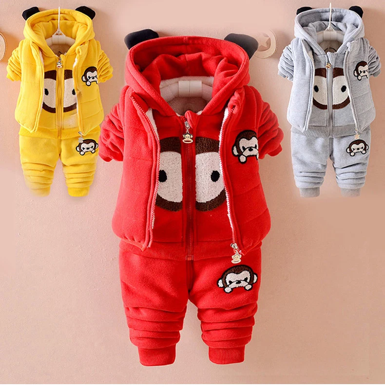 

2023 Winter Baby Kids 3 Pcs Set Children Clothes Little Boys Girls Cartoon Bear Velvet Thick Vest Coat + Sweatshirt + Pants X280