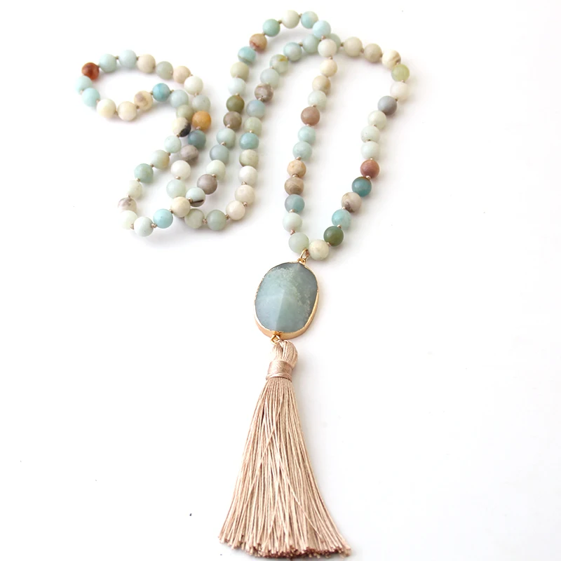 Fashion Bohemian Jewelry Semi Precious Stones Long Knotted Stone Long Tassel Necklaces Women Ethnic Necklace Dropship