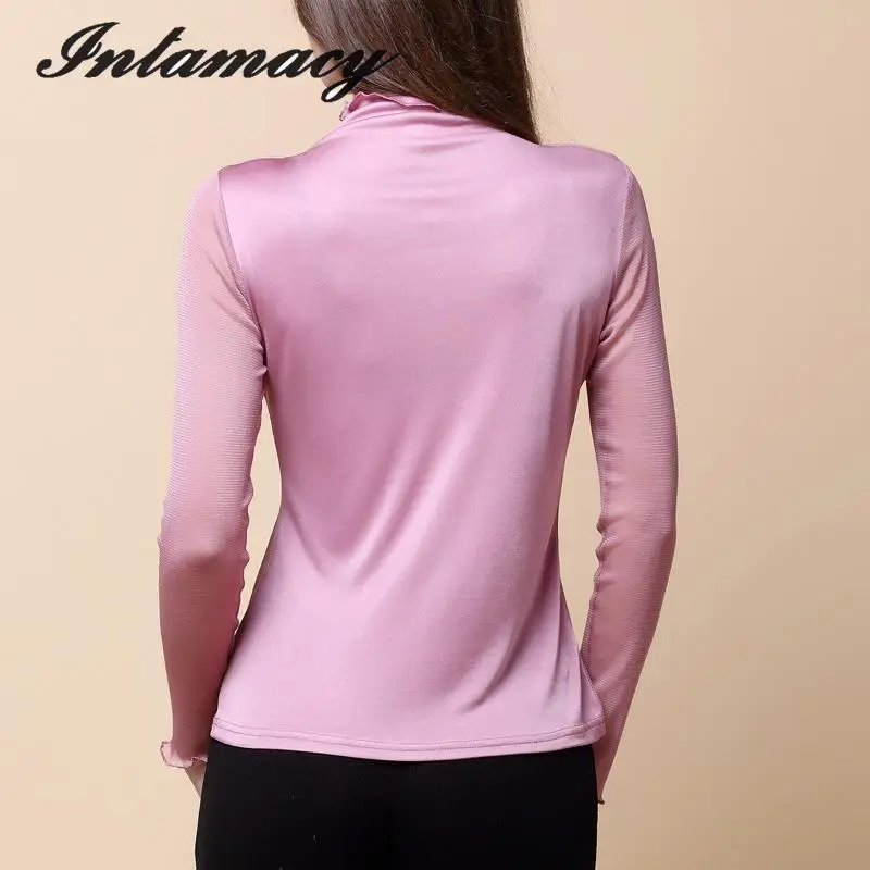 The New Silk Knitted Mesh Double Long Sleeved Turtleneck Shirt Color Diamond 100% real Silk T-shirt