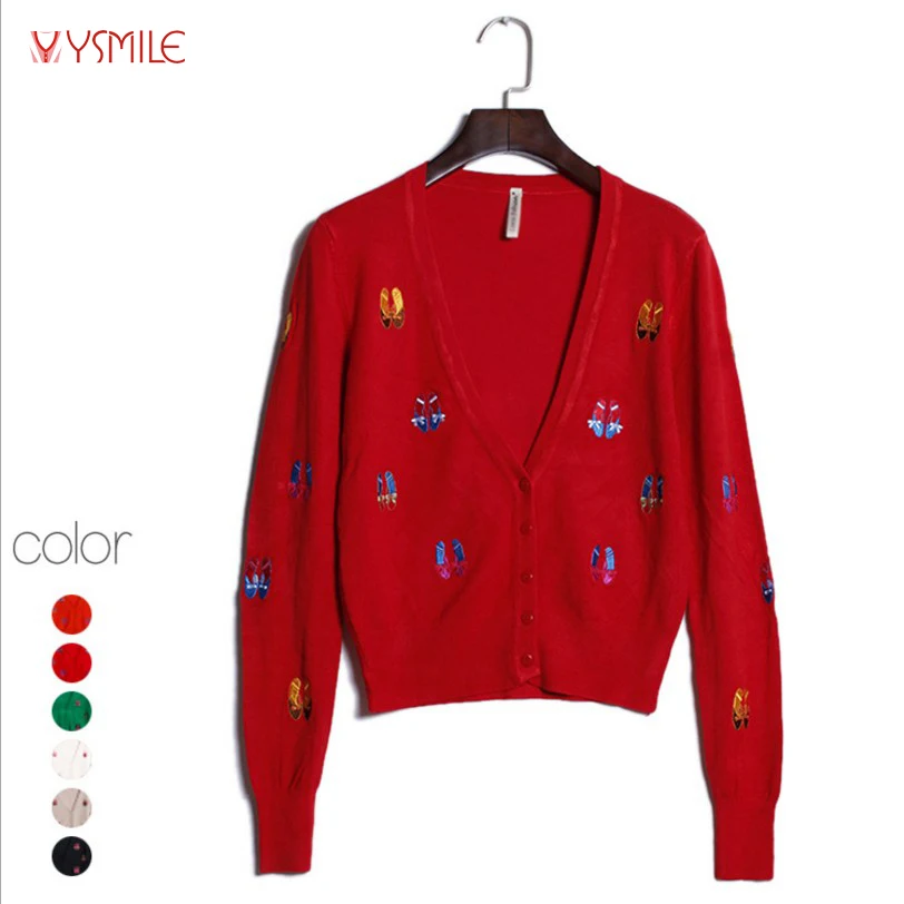 YSMILE Y Women Spring Autumn Sweater Tops V Neck Regular Sleeve Shoes Embroidery Fashion Short Knitting Cardigan For Lady