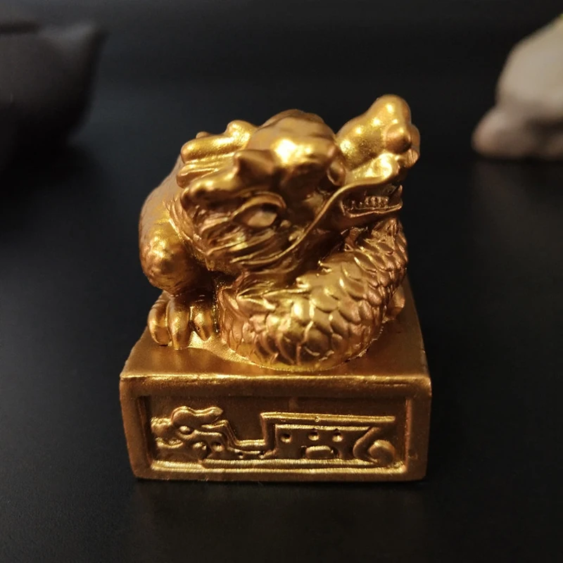 Golden Chinese Dragon Statue Figurines Imperial Jade Seal Crafts Home Decoration Feng Shui Year Zodiac Dragon Sculpture Statues