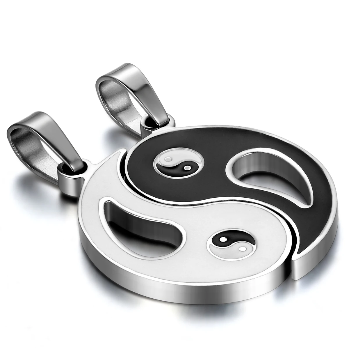BONISKISS Stainless Steel Chinese Mystical Yin Yang Tai Chi Ba Gua Matching Pendant Gold  Silver Color Black With Chian(Pair)