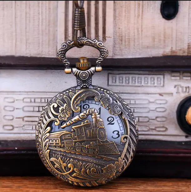 Vintage Retro Bronze Hollow Train Locomotive Steampunk Quartz Pocket Watch Women Men FOB chain gift PB836