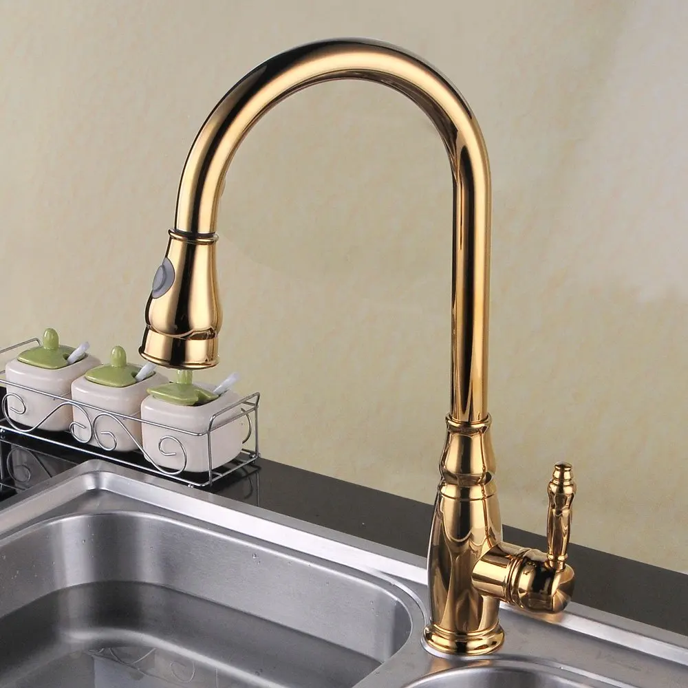 

Luxury Titanium Gold brass Single Handle High Arc Kitchen Sink Faucet Golden mixer tap with Pull-Out Sprayer and Swivel Spout