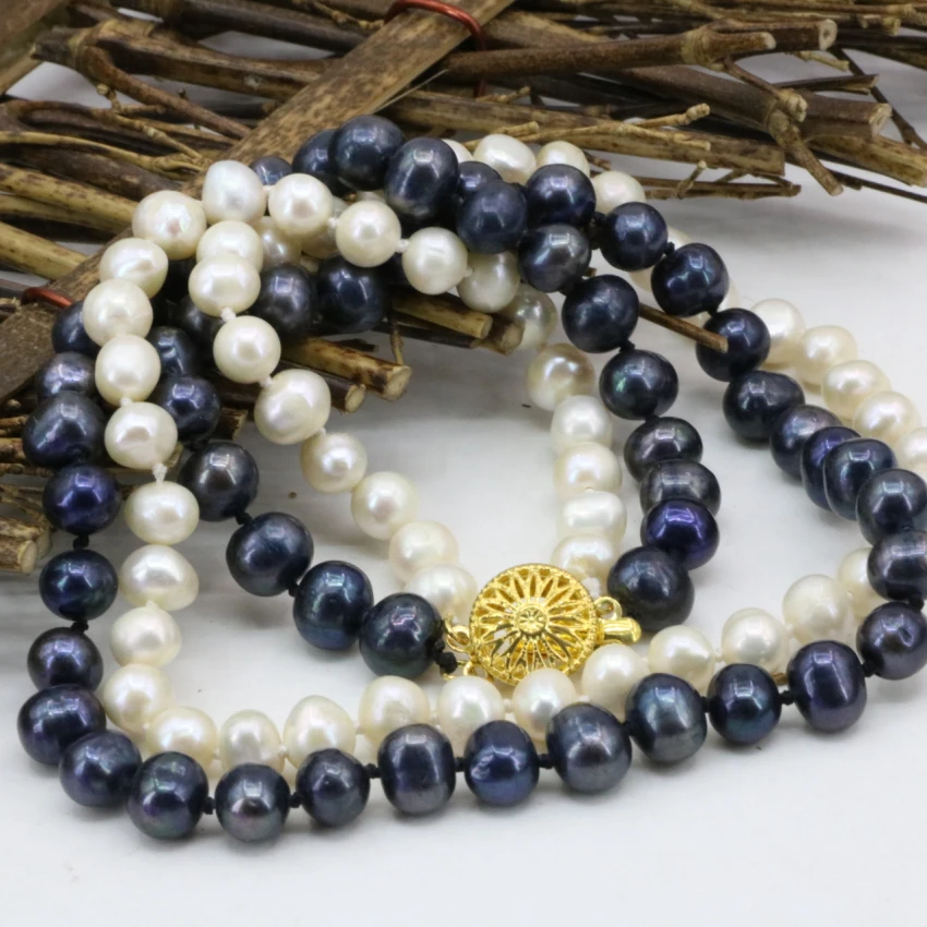 Natural real white freshwater pearl 7-8mm beads 2 rows necklace fashion statement women chain elegant jewwlry 17-18inch B3240